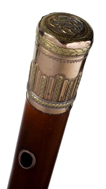 French Gold Court Cane: French Gold Court Cane-Circa 1780-A multi colored gold handle in very fine condition, proof marked but unreadable, rose gold eyelets, rich Malacca shaft and a 3" metal ferrule-H. 1" x 1 ¾", O.L. 46"-
