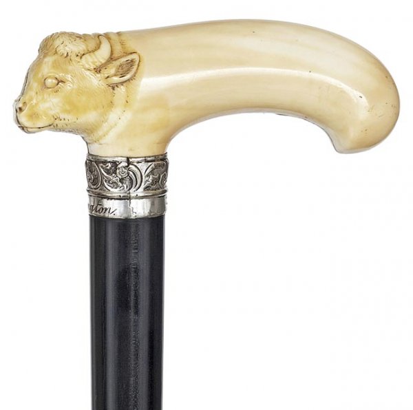 Hippo Ivory English Bull Dog Cane: Hippo Ivory English Bull Cane -Late 19th Century-Massive bull head hippo ivory handle with glass eyes ,finely chased silver collar engraved T. Withington , ebony shaft and a metal ferrule. Designed as