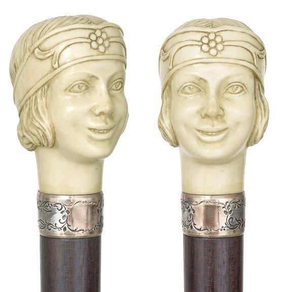 Art Deco Ivory Girl Cane: Art Deco Ivory Girl- Circa 1920-A figural ivory knob , rosewood shaft ,two colored metal collar and horn ferrule. Most likely from the circle of Ferdinand Preis Of Germany. The quality of the original