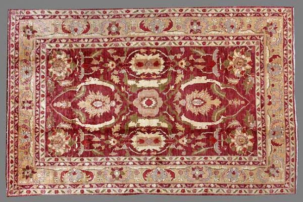 Vegetable Dye Pakistan Agra : Genuine hand woven new Vegetable Dye Pakistan Agra 6.01 x 9.02, wool pile on a cotton structure. Perfect condition. Approx. 120 knots per square inch. Sides and ends perfect.