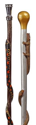 Two Folk-Art Canes- C. 1945- A pair of unique paint: Two Folk-Art Canes- C. 1945- A pair of unique painted folk-art canes which are probably African-American. There are two snakes and one lizard. Both canes are in nice condition and have no ferrules. Av