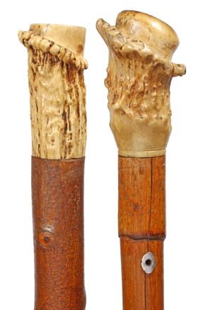 Two Stag Antler Canes- Early 18th Century- Two nic: Two Stag Antler Canes- Early 18th Century- Two nice handles with largest being 2" x 3", one with coin silver eyelets and both have metal ferrules. One twig spur and one oak shaft. O.L. 32" and 36" $30
