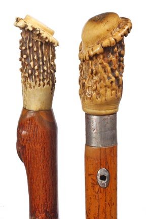 Two Antler Canes- C. 1800- Largest handle being : Two Antler Canes- C. 1800- Largest handle being 1 ½" x 3", malacca and a twig spur shaft, one with silver collar and silver eyelets, one with metal collar and one silver eyelet. Both have unusual bra