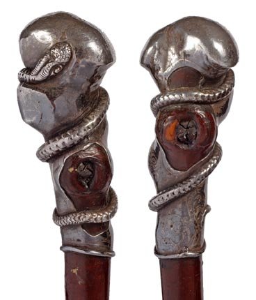 Silver Overlay Dress Cane-Circa 1885-Ornate acid et: Silver Overlay Dress Cane-Circa 1885-Ornate acid etched signed sterling top which is overlaid to a twig spur shaft, coiled snake handle and a bi-metal ferrule-O.L. 35"-$300-$500