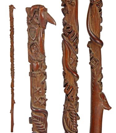 Carved Folk Art Cane-Early 20th Century-A fully car: Carved Folk Art Cane-Early 20th Century-A fully carved folk art cane belonging to "Thos. J. Gibson", carved in high relief "2usvulte perdere prius dementa", there are various guns, crosses, flowers, a