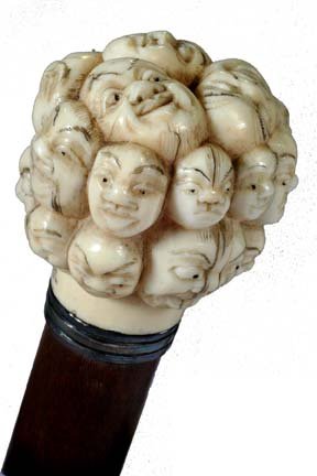 1000 Faces Ivory Cane-Circa 1890-A signed ivory ha