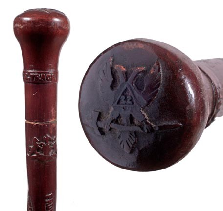 Masonic Folk Art Cane-Dated 1897-A carved 32nd degr: Masonic Folk Art Cane-Dated 1897-A carved 32nd degree Masonic cane with the following high relief carving "From the Capital building of PA. Fire Feb. 2nd 1897 erected May 31st 1819, O.S. Trace"-O.L. 3