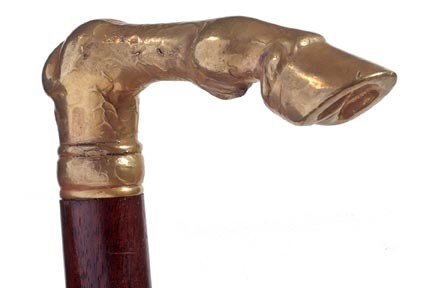 Gold Plated Fetlock Cane-Circa 1925-A massive hoof: Gold Plated Fetlock Cane-Circa 1925-A massive hoof with detailed work, oak shaft and an original bi-metal ferrule-H. 4 ¼" x 1" x 2", O.L. 35"-$200-$400