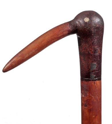 Folk Art Bird Cane-Early 20th Century-A naturally : Folk Art Bird Cane-Early 20th Century-A naturally grown stylized bird with abalone eyes, tropical wood shaft and a rubber stopper ferrule-H. 3" x 5 ½", O.L. 33"-$100-$200
