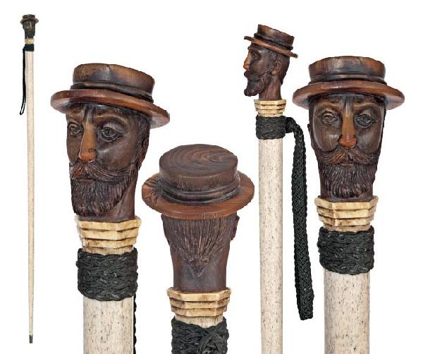 Prime American Figural Marine Cane- Circa 1860-Sail: Prime American Figural Marine Cane- Circa 1860-Sailor made cane with a baleen whaler head and a whalebone shaft with hexagonal sperm whale tooth collar and a metal ferrule. The head with bearded face,