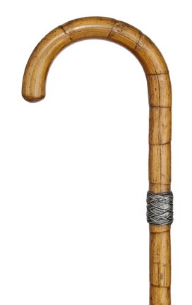 Burglar Cane- Circa 1900-Shaved malacca with crook : Burglar Cane- Circa 1900-Shaved malacca with crook handle, braided silver wire collar and an iron ferrule. Heavy steel core which makes the cane an unobtrusive, redoubtable smashing weapon. Used and w