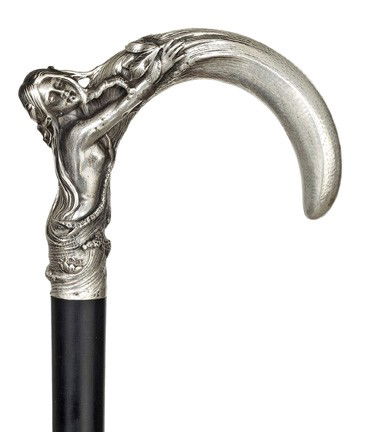 Art Nouveau Mermaid Cane-Circa 1900-High quality si: Art Nouveau Mermaid Cane-Circa 1900-High quality silver figural crook handle with a bathing siren, ebony shaft and a horn ferrule. Outstanding relief and detail and recorded for the "Pauser" Manufactu