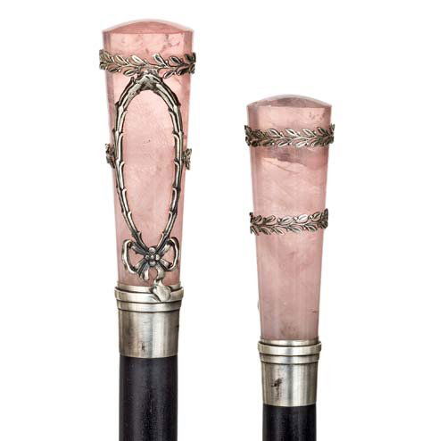 Rose Quartz Dress- Early 20th Century-Elongated ros: Rose Quartz Dress- Early 20th Century-Elongated rose quartz handle with Art Nouveau silver filigree cage, ebony shaft and a bronze ferrule. Probably French-H. 3" x ¾", OL. 38" $700-$1,000