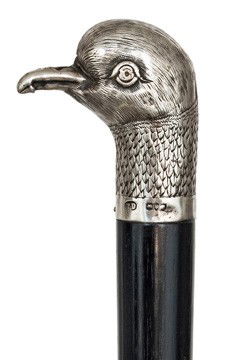 English Day Cane- London Hallmarks 1883-A figural s: English Day Cane- London Hallmarks 1883-A figural silver handle depicting a grouse, well conserved fine feather coat, ebony shaft and a horn ferrule-H. 4 ¼" x 1 ¼", OL. 36 ½" $1,000-$1,500