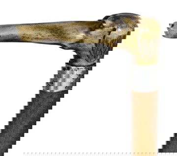 Figural Staghorn Cane- Late 19th Century- Staghorn: Figural Staghorn Cane- Late 19th Century- Staghorn handle fashioned as a dog head, plain silver collar with a German 800 and maker hallmarks, full bark malacca shaft and worn brass ferrule. Nice patin