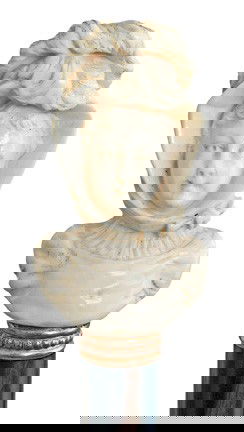 French Elephant Ivory Cane- Circa 1875- A finely ca: French Elephant Ivory Cane- Circa 1875- A finely carved ivory handle depicting a girl with hat. Adorable juvenile face with refreshing smile. Beaded metal collar, Makassar ebony shaft and a horn ferru