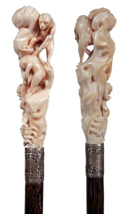 Asian Ivory Cane-Circa 1890-Carved ivory handle wh: Asian Ivory Cane-Circa 1890-Carved ivory handle which is probably English, done in the Asian style, hallmarked silver collar, partridge wood shaft, small repair on knee of one monkey and a bi-metal fe