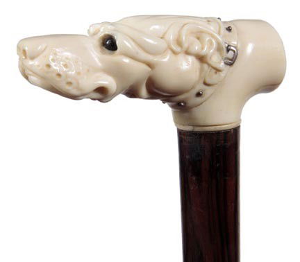 Ivory Dog Cane-Circa 1890-A nicely carved ivory he: Ivory Dog Cane-Circa 1890-A nicely carved ivory head with two color glass eyes, silver studded dog collar, small ivory collar, James Semones Collection, rosewood shaft and a brass ferrule-H. 4" x 1 ½