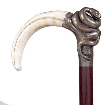 Silver Snake and Tusk Cane-Circa 2005-This ornate: Silver Snake and Tusk Cane-Circa 2005-This ornate dress cane is from the workshop of Charles Daugherty before he was signing his canes, rich snakewood shaft and a bone ferrule, James Semones Collectio