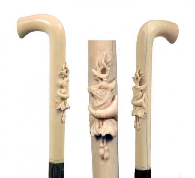 Ivory Deer Dress Cane-Late 19th Century-A carved ivo: Ivory Deer Dress Cane-Late 19th Century-A carved ivory handle with a stag in antlers and a large hunting horn, India inked on the rear of the handle "S.B. Eshelman", small ivory collar, exotic wood sh