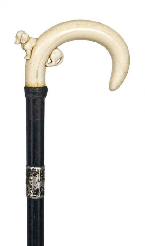 Carved Ivory Dress Cane-Late 19th Century-A crook i: Carved Ivory Dress Cane-Late 19th Century-A crook ivory handle with an adorable dachshund, ebony shaft and silver collar with London hallmarks and a metal ferrule.-H. 3 ¾"x2 ¼, O.L. 35 ¼" $1,000-$1
