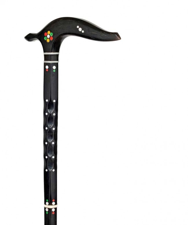 Texas Horn Cane-Texas, 19th Century-Fashioned in a: Texas Horn Cane-Texas, 19th Century-Fashioned in a hexagonal configuration, emphasized with ivory washers and bold ivory and colored piqué. Matching Opera shaped handle and a metal ferrule-H. 5 ½" x