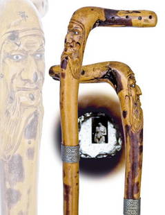 Erotic Stanhope Cane-Circa 1885-A single shaved bla: 49 Erotic Stanhope Cane-Circa 1885-A single shaved blackthorn branch with an Native American Chief with glass eyes, the handle has four different French nude Stanhope’s, full frontal nudes and