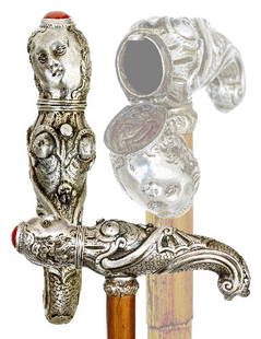 Early Dual Purpose Cane-French, 18th Century-Reclin: Early Dual Purpose Cane-French, 18th Century-Reclined siren silver handle set with red coral on a malacca shaft with Baroque silver collar and a metal ferrule. The hinged head unfolds to reveal a