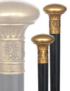 Fine Dress Cane-French, 19th Century-A well proport: Fine Dress Cane-French, 19th Century-A well proportioned and matt gilt knob with a widening round top decorated in the Empire style, deep black ebony shaft and a horn ferrule. Marked FIX-H 2" x 1