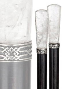 Hardstone Dress Cane -Circa 1910-Rock crystal handl: Hardstone Dress Cane -Circa 1910-Rock crystal handle with a beautiful natural frozen structure, ebony shaft , silver collar and horn ferrule-H. 2 ¾" x 1", O.L. 38 ¼" $600-$800
