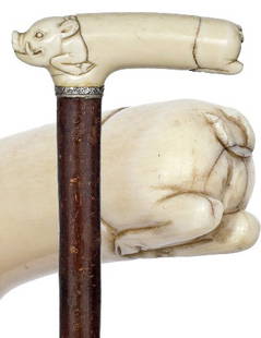 Ivory Fantasy Hog Cane -19th Century-A finely carve: Ivory Fantasy Hog Cane -19th Century-A finely carved elephant ivory fantasy visions of a "sausaged" hog in the amusing Dickensian taste . Wild cherry branch shaft ,silver collar and iron ferrule. -L.