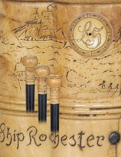 Scrimshaw Marine Cane -Dated 1842-Scrimshaw whale t: 58 Scrimshaw Marine Cane -Dated 1842-Scrimshaw whale tooth knob with a detailed whaling panel, monogrammed LS and inscribed Ship Rochester on an ebony shaft with brass ferrule in original condition.