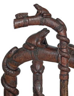 Animals Folk Art Cane -Early 20th Century-Hardwood: Animals Folk Art Cane -Early 20th Century-Hardwood L-handle with a deep detailed coiled snake, frog and grasshopper, oak branch shaft with a metal ferrule. -H. 7 1/2" x 5 3/4", O.L. 35 3/4" $400-$800