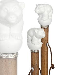 Fabergé Style Figural Hardstone Cane-Russian 1900-K: Fabergé Style Figural Hardstone Cane-Russian 1900-Kascholong milky white opal little bear, silver laurel leaf collar, real malacca shaft with eyelets and a metal ferrule. Exceedingly rare and