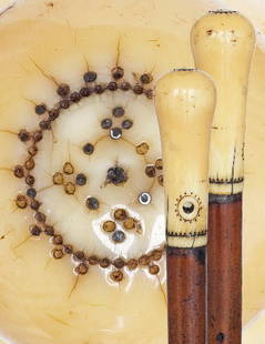 Ivory Piqué Cane-C. 1695-An original and early Engl: Ivory Piqué Cane-C. 1695-An original and early English cane with large ivory piqué handle, original malacca and a metal ferrule-H3 ¾" x 1 ½", O.L. 36" $1,500-$2,000