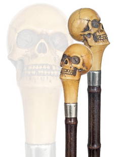English Ivory Memento Mori-Victorian, mid-19th Cent: English Ivory Memento Mori-Victorian, mid-19th Century-A substantial and well carved ivory human skull ,pepper bamboo shaft , white metal collar and iron ferrule. -H. 3 ½" x 2 ½", O.L. 36 ¼"