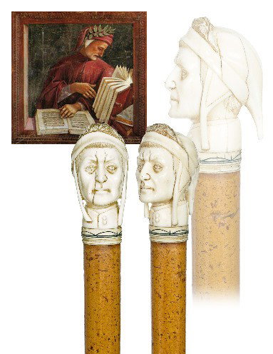 Allegorical Ivory Cane - Circa1850-Massive ivory he: Allegorical Ivory Cane - Circa1850-Massive ivory head of Dante Alighieri with his trademark cowl and wreath. Full bark malacca ,turned ivory collar and a metal ferrule. -H. 3 ¼" x 2 ¼", O.L. 37" $1,