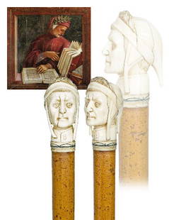 Allegorical Ivory Cane - Circa1850-Massive ivory he: Allegorical Ivory Cane - Circa1850-Massive ivory head of Dante Alighieri with his trademark cowl and wreath. Full bark malacca ,turned ivory collar and a metal ferrule. -H. 3 ¼" x 2 ¼", O.L. 37"