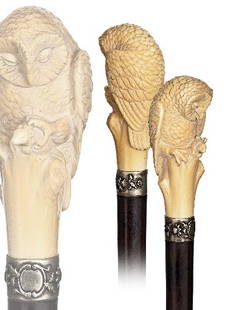 English Ivory Owl Cane- Late 19th Century-Well carv: English Ivory Owl Cane- Late 19th Century-Well carved, large and beautiful nocturnal bird with a prey in its claws, pepperwood shaft , white metal collar and ferrule.-H. 3 ½" x 1 ¾", O.L. 37"