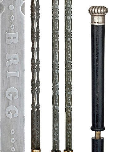 Brigg Sword Cane-Late 19th Century-Grooved silver c: Brigg Sword Cane-Late 19th Century-Grooved silver cap, ebony shaft and a horn ferrule. There is an 11" square, jeweled and etched Brigg and 555 triple five blade with a friction lock. Mint condition-H