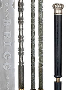 Brigg Sword Cane-Late 19th Century-Grooved silver c: Brigg Sword Cane-Late 19th Century-Grooved silver cap, ebony shaft and a horn ferrule. There is an 11" square, jeweled and etched Brigg and 555 triple five blade with a friction lock. Mint