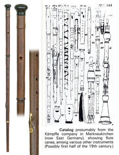 Flute cane-European 19th Century-Fashioned of soun: 76 Flute cane-European 19th Century-Fashioned of sound vibrating maple wood and topped by a plain turned, unscrewing knob with an ebonized black finish. The flute shaft with six holes and one brass ke