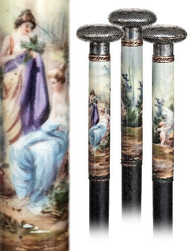 KPM Berlin Porcelain Dress Cane-Ca. 1880-Straight p: KPM Berlin Porcelain Dress Cane-Ca. 1880-Straight porcelain, painted scene in the Symbolist's taste, widening Tula silver knob and matching collars, rosewood shaft and a horn ferrule-H. 4" x 1 ¼", O.