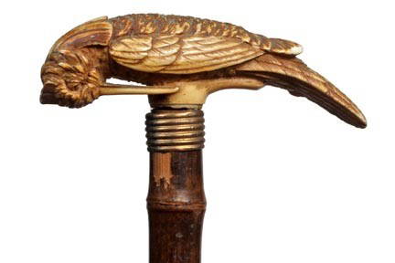 Ivory Humming Bird Cane-Circa 1885-A unique ivory: Ivory Humming Bird Cane-Circa 1885-A unique ivory carving of what appears to be a sleeping humming bird, small ring metal collar, bamboo shaft and no ferrule. Robert Hoe III Collection-H. 3" x 7/8",