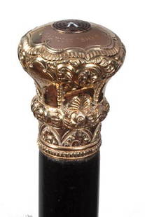 K.O.T.M." Dress Cane-Dated 1899-Knights of the Mac: 130 K.O.T.M." Dress Cane-Dated 1899-Knights of the Maccabees, gold filled dress cane which has an enamel medallion atop with and enamel a tent, very ornate work on the handle with four panels of