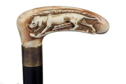 Ivory Dog Dress Cane-Early 20th Century-A carved d: Ivory Dog Dress Cane-Early 20th Century-A carved dog with two color glass eyes, metal collar, ebony shaft and a bi-metal ferrule-H. 4" x 1 ½", O.L. 36 ½"-$500-$600