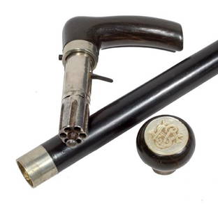 152: Revolving Pepper Box Gun Cane-Circa 1880-Black hor