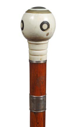 Ivory Sword Cane-Circa 1880-A carved ivory handle : Ivory Sword Cane-Circa 1880-A carved ivory handle with inlaid bone, baleen and silver, coin silver spacer, coin silver collar, 23 ½" three sided blade, hardwood shaft and an ivory ferrule-H. 1 ¾" x 