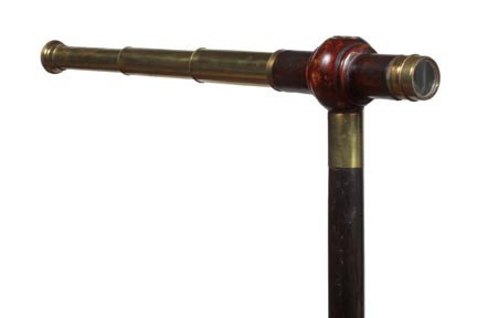 Telescope System Stick Cane-20th Century-A 3 draw : Telescope System Stick Cane-20th Century-A 3 draw brass and wood telescope, brass collar, ebonized shaft and a brass ferrule-H. 6" x 2", O.L. 38"-$300-$500