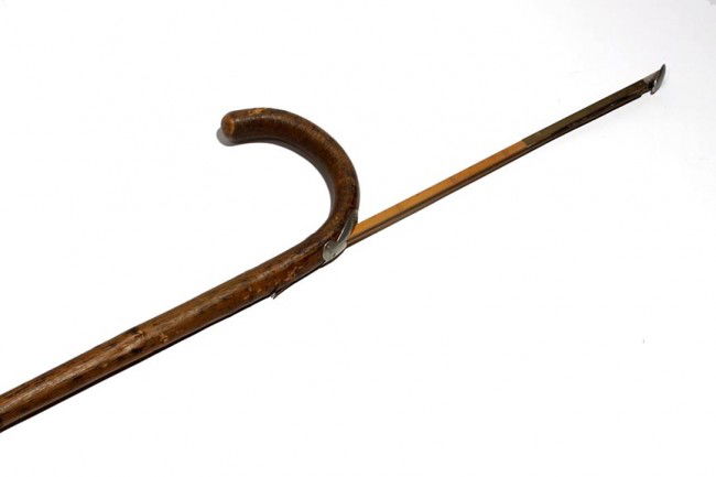 Horse Measure System Cane: Circa 1900-Brass level which is working, well marked maple rule, twigspur shaft with bark and a metal ferrule-O.L. 37"